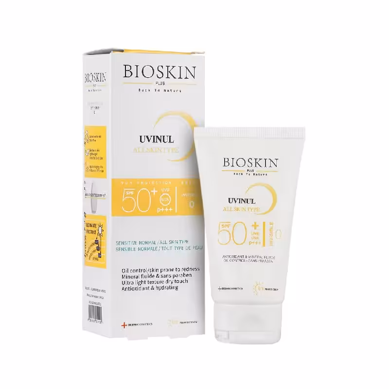 خرید کرم ضد آفتاب بی رنگ spf50 بایو اسکین 40 میلی لیتر  مناسب انواع پوست