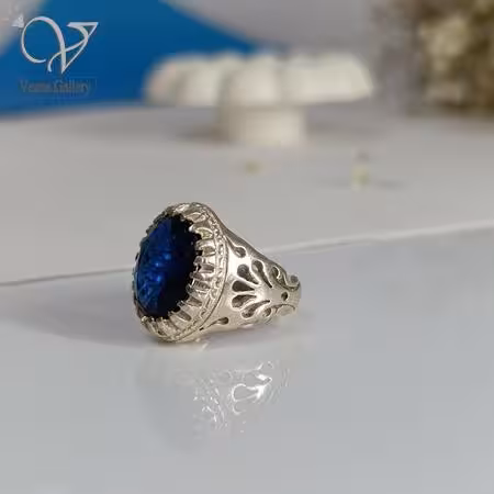 انگشتر نقره مردانه سنگ سنتتیک آبی کد 5072