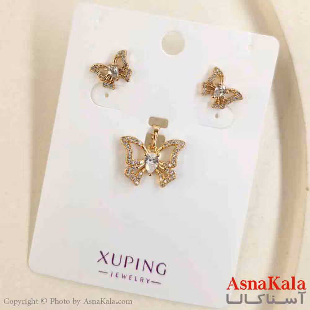 نیم ست زنانه ژوپینگ مدل پروانه نگینی شامل گوشواره و گردنبند کد NIM14830W