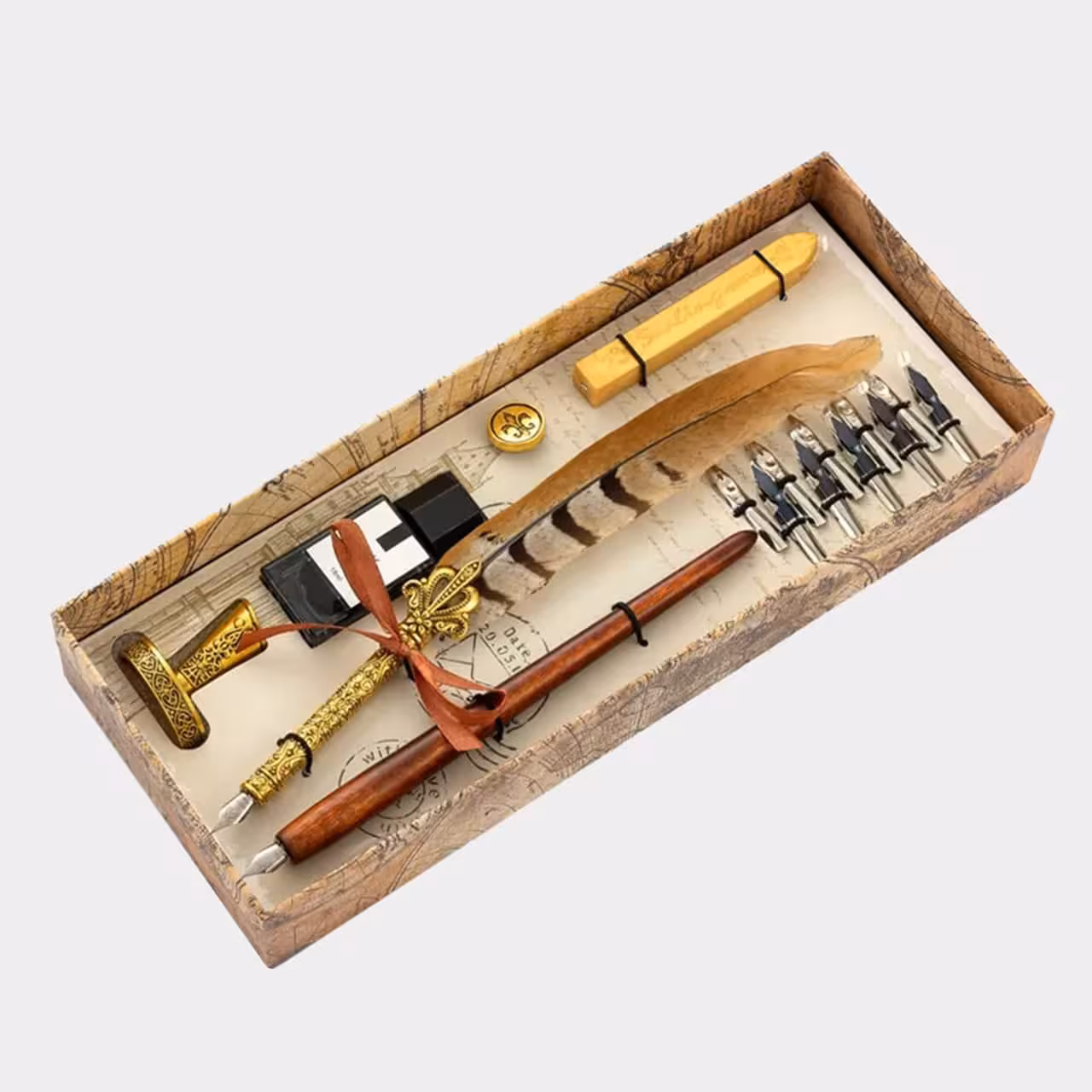 ست کالیگرافی قلم پر قرقاول نارنجی رگه دار طرح رویال