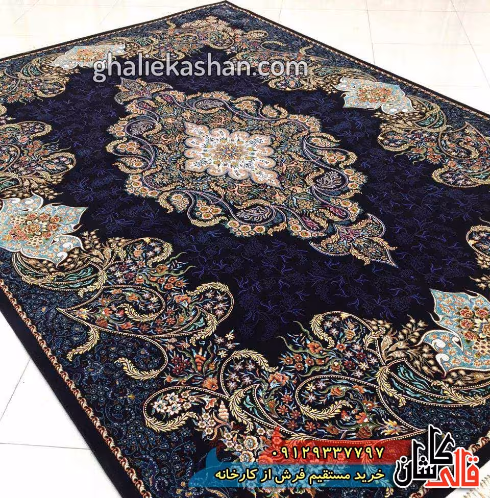 فرش 1000 شانه طرح شهرزاد زمینه سرمه ای کاشان