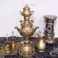 سماور ذغالی 1 لیتری برنجی همراه با سرویس سنگین