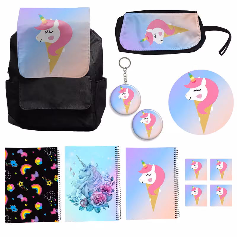 کوله پشتی مدل یونیکورن تک شاخ کد A7 Unicorn به همراه دفتر مشق و جامدادی و زیر لیوانی و جاکلیدی مجموعه 12 عددی | کالا مکس