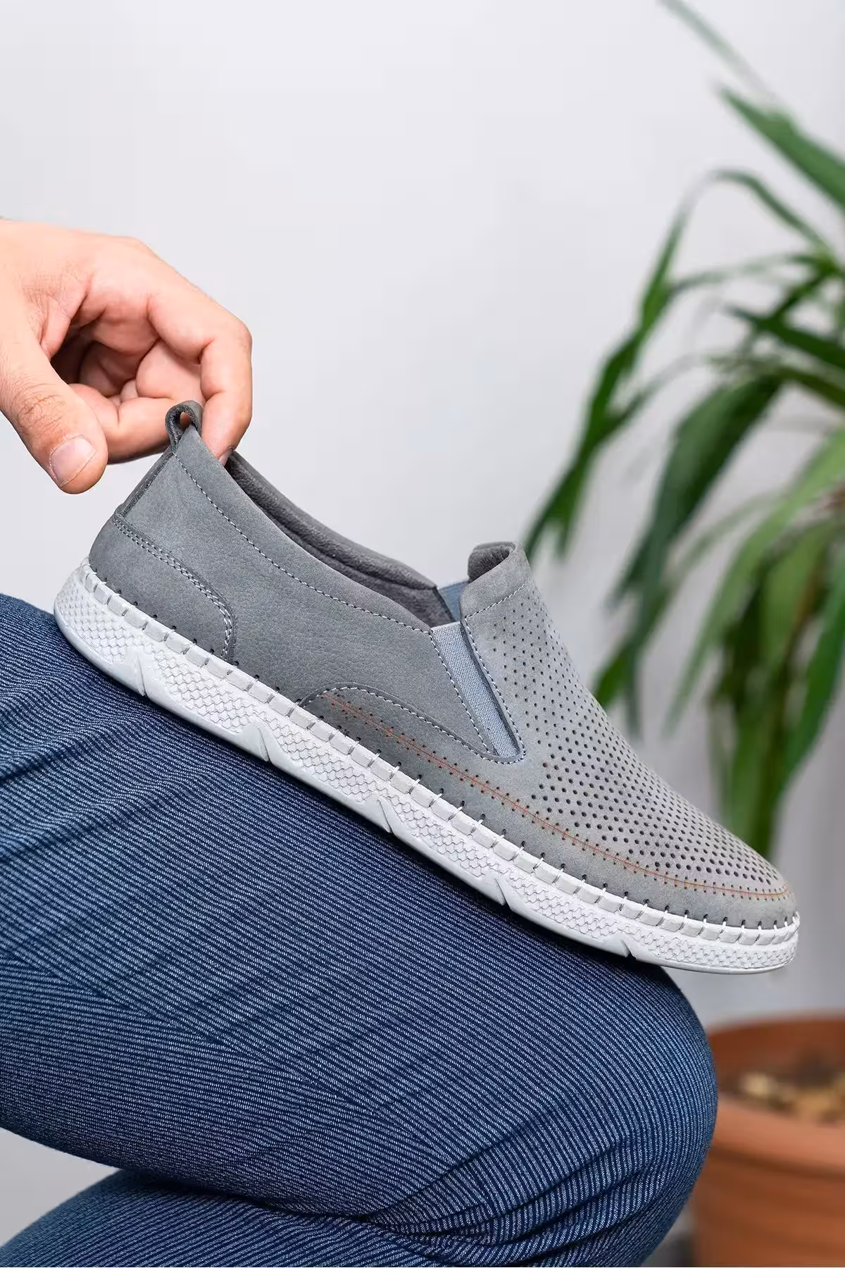 کفش ورزشی روزمره مردانه طبیعی چرم تابستانی لوفر نبوک خاکستری – 5531