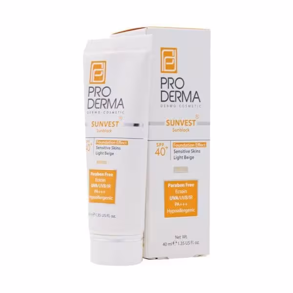 کرم ضدآفتاب فیزیکال رنگی SPF40 مناسب پوست حساس پرودرما 40 میلی لیتر بژ روشن Sunvest Sunscreen SPF90 All Skin ProDerma Light Bieghe 40ml