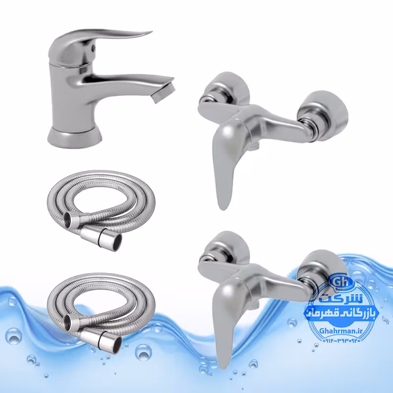 ست 5 عددی شیرآلات برند آیدا صنعت مدل قهرمان | 2 عدد شیر توالت   شیر روشویی   2 عدد شلنگ توالت | کروم مات