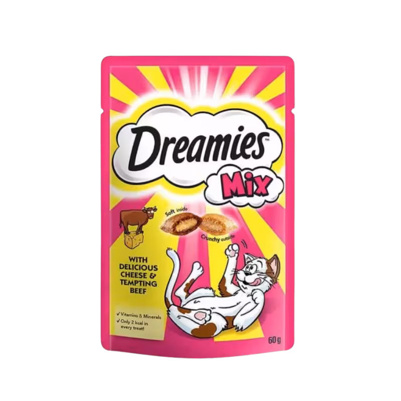 تشویقی گربه طعم گوشت پنیر برند dreamies دریمیز 60 گرمی