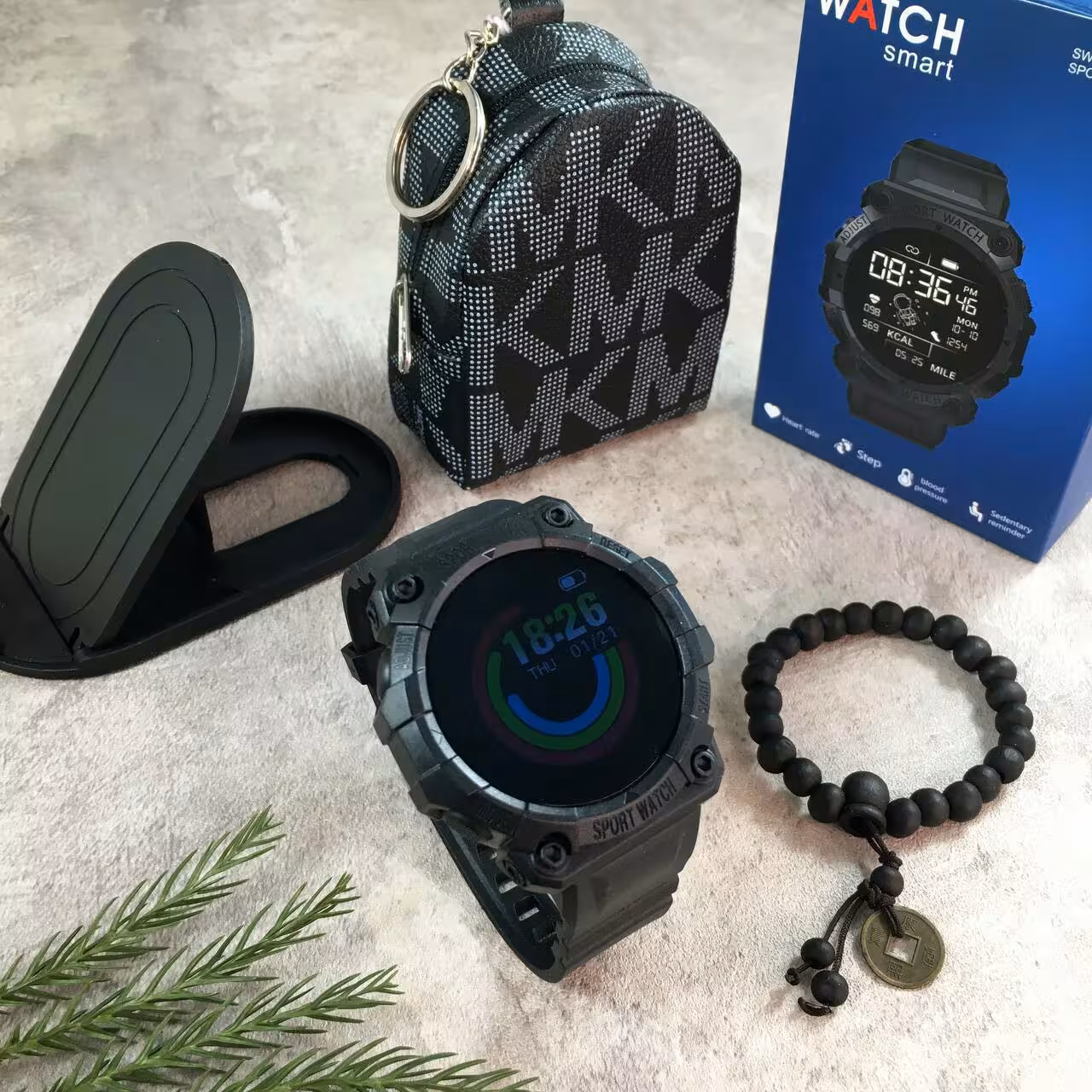 پک هدیه ساعت هوشمند کیف هندزفری و شارژر پایه موبایل و دستبند به همراه جعبه Smart Watch 