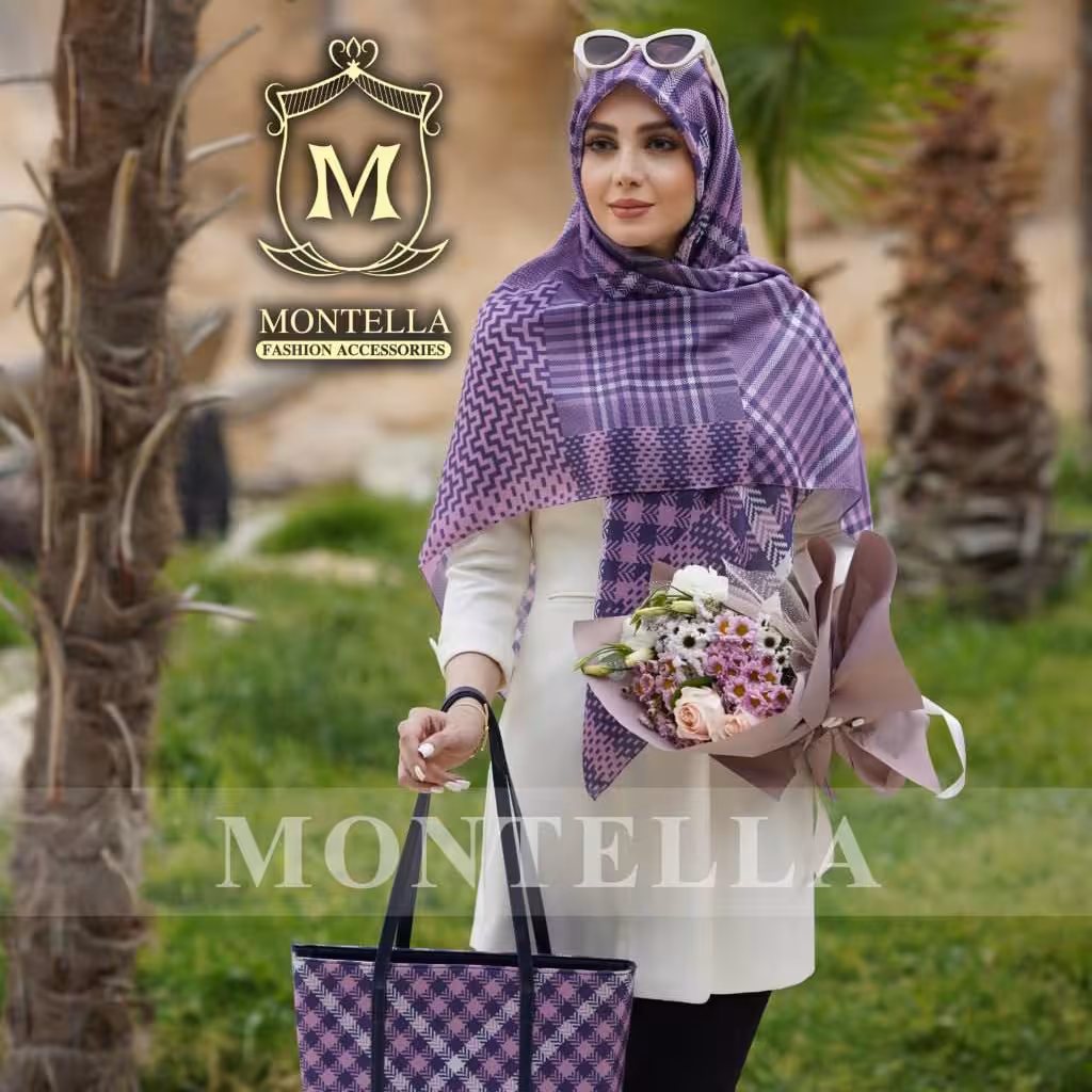 ست کیف مخمل و روسری نخی برند مونتلا طرح تارتان چند تکه صورتی(ارسال به سراسر کشور)