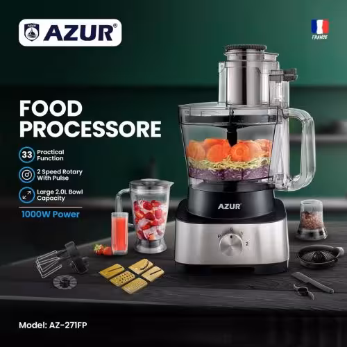 غذاساز چندکاره آزور تحت لیسانس فرانسه AZUR مدل AZ-271FP با موتور 1000 وات و دو سرعت چرخش