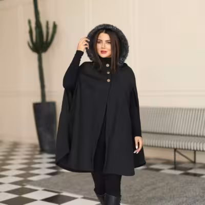 پانچو بافت زنانه بافت فشرده کلاه دار مدل شبنم