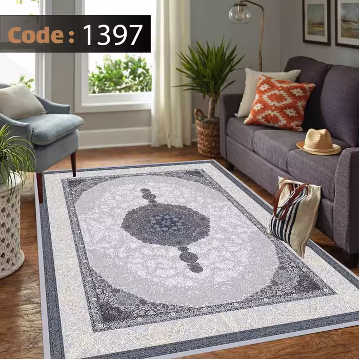 کاورفرش روفرشی دورکشدار گوشه لیفه ای طوسی کرم کد 1397