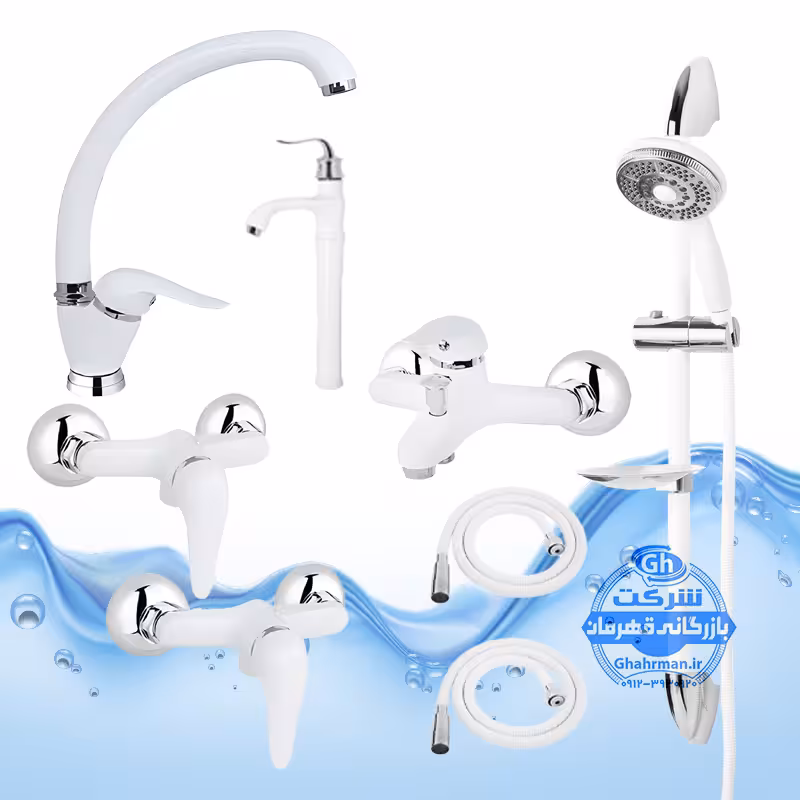 ست 8 عددی شیرآلات برند آیدا صنعت مدل قهرمان اردکی | شیر ظرفشویی روشویی پایه‌بلند حمام دو عدد توالت علم دوش یونیکا متحرک ضد رسوب دو شلنگ توالت | سفید کروم براق
