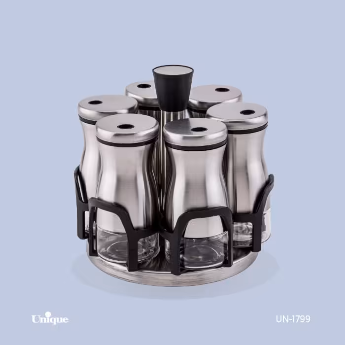 ست جا ادویه 7 پارچه استیل گردان یونیک کد 1799