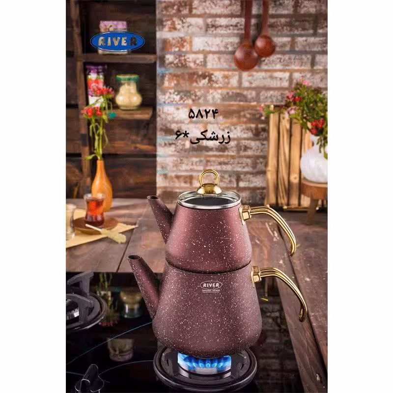 کتری قوری ترک دسته طلایی زرشکی ریور کد 5824