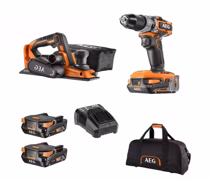 کیت دریل چکشی براش لس به همراه رنده 18 ولت شارژی AEG مدل BSB18SBL-202C   BHO18BL-0