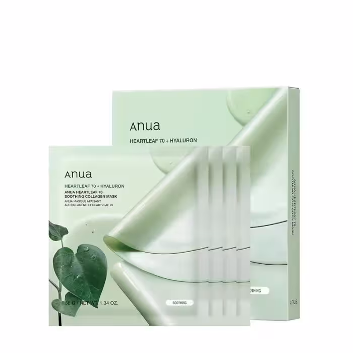 ماسک ورقه ای تسکین دهنده و آبرسان کلاژن دار آنوا Anua مدل Heartleaf 70 Soothing بسته 4 عددی