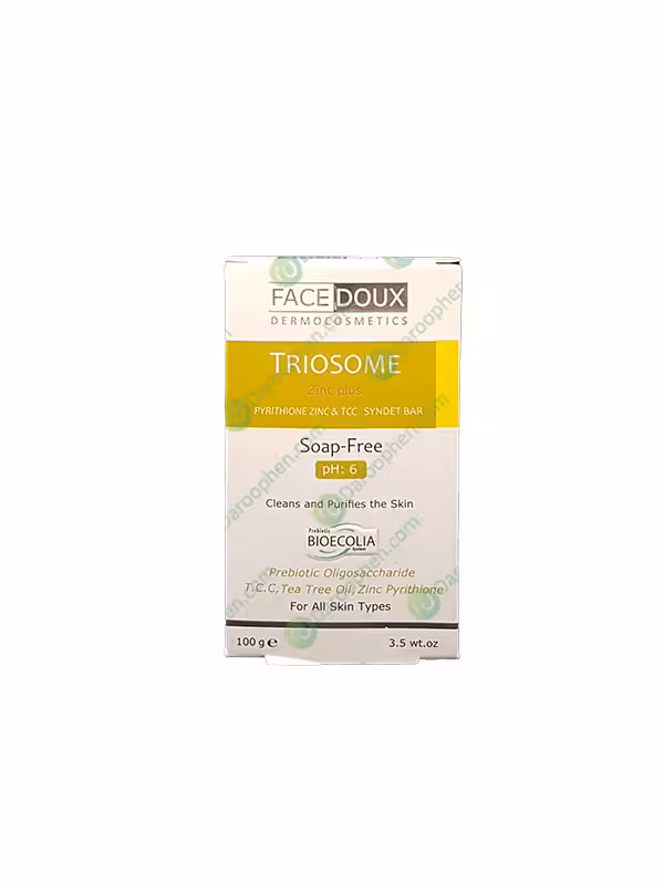 پن حاوی تری کلو کربان فیس دوکس مدل تریوزوم زینک پلاس Facedoux – Triosome Zinc Plus Syndet Barg – 100g