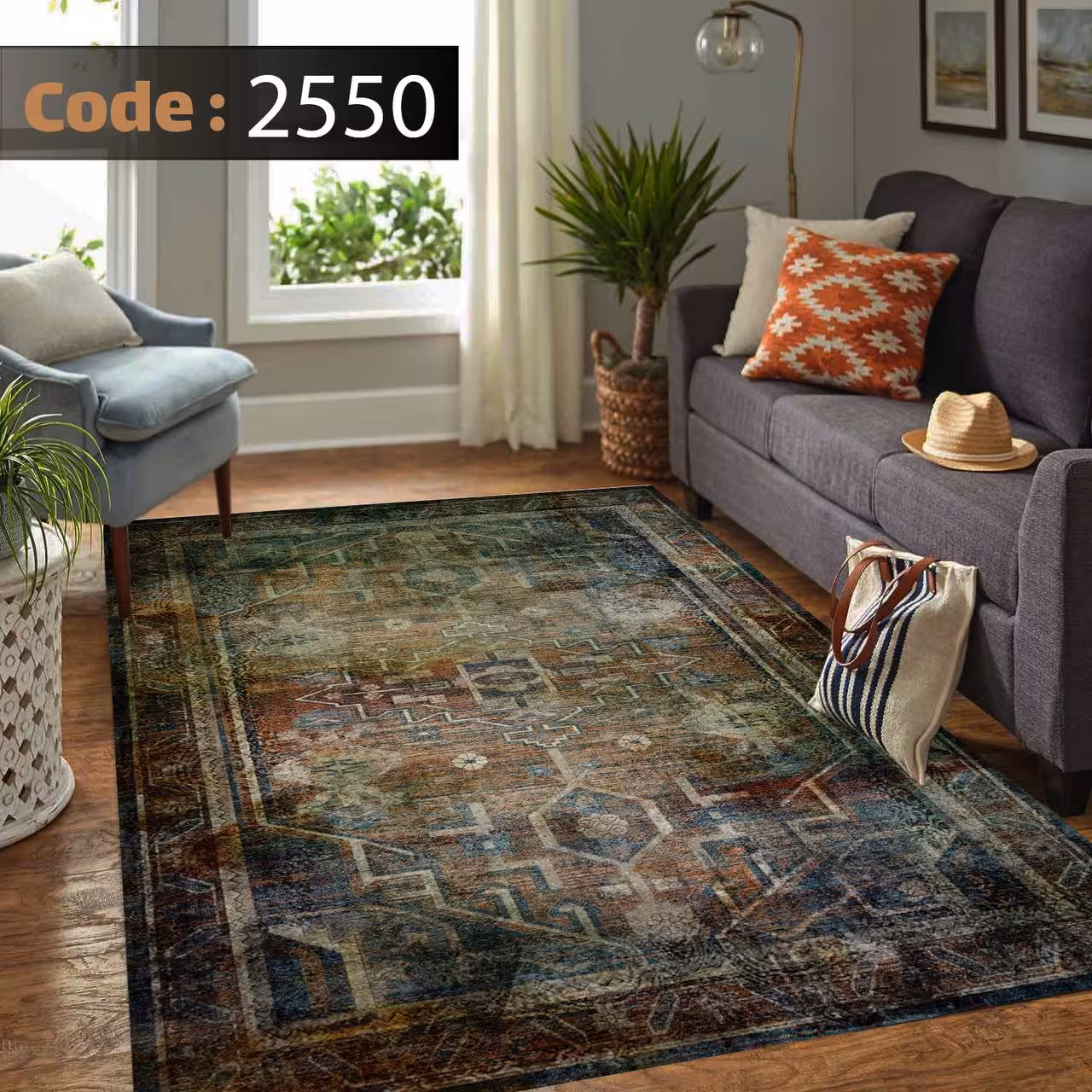کاورفرش روفرشی دورکشدار گوشه لیفه ای لاکی ، آبی و متنوع کد 2550