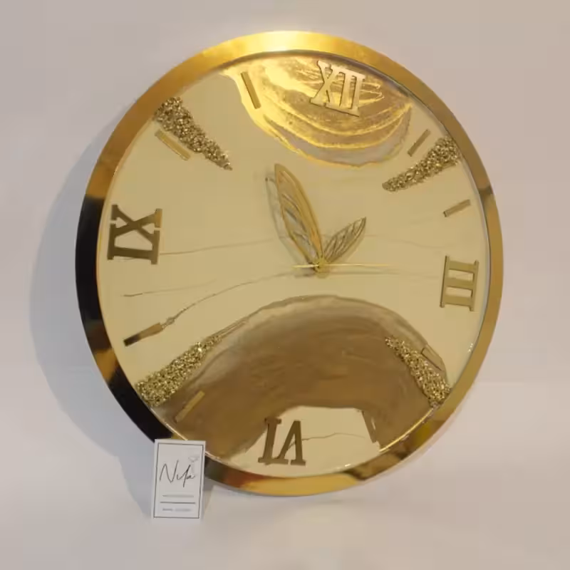 ساعت دیواری رزینی  رینگ دار طرح روسی کرم قهوه ای قطر60