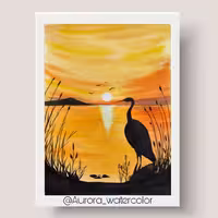 نقاشی  غروب طلایی دریاچه تکنیک آبرنگ