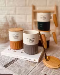 ماگ سرامیکی دسته چوبی COFFEE