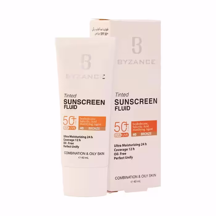فلوئید ضد آفتاب کرم پودری برنزه  SPF50 بیزانس مناسب پوست مختلط و چرب 40 میلی لیتری