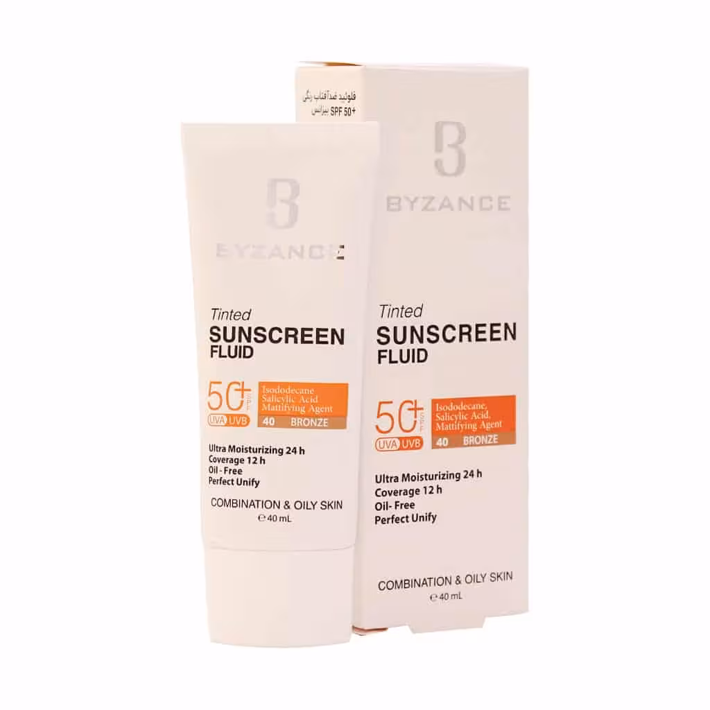فلوئید ضد آفتاب کرم پودری برنزه  SPF50 بیزانس مناسب پوست مختلط و چرب 40 میلی لیتری
