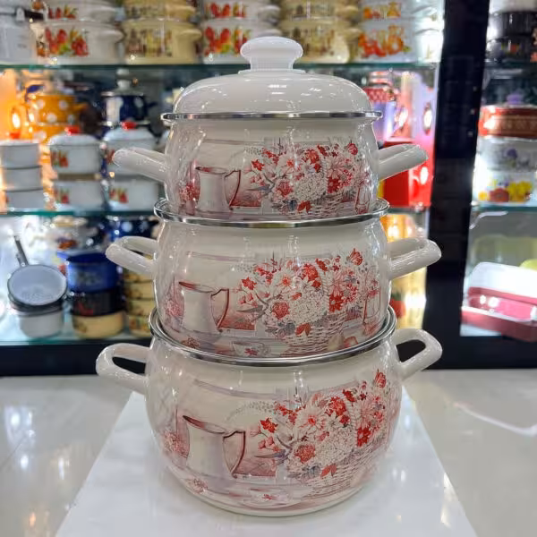 سرویس قابلمه لعابی 6پارچه لبه استیل روسی با کیفیت عالی و تخفیف ویژه