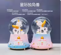 گوی موزیکال اسب تک شاخ پمپی-برفی سایز بزرگ به همراه باتری(چرخشی وثابت)