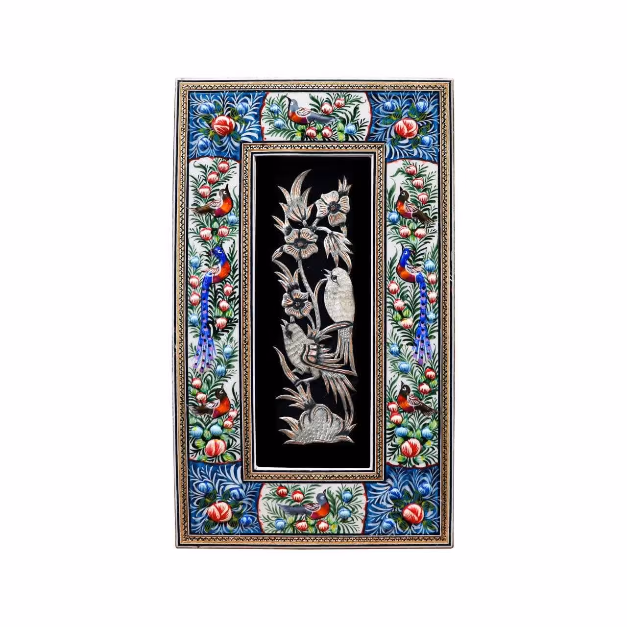 تابلو پلاک قلم زنی مسی همراه با قاب خاتم کاری مدل گل و مرغ سبز برجسته تاج دار(گارانتی 120 ماهه)