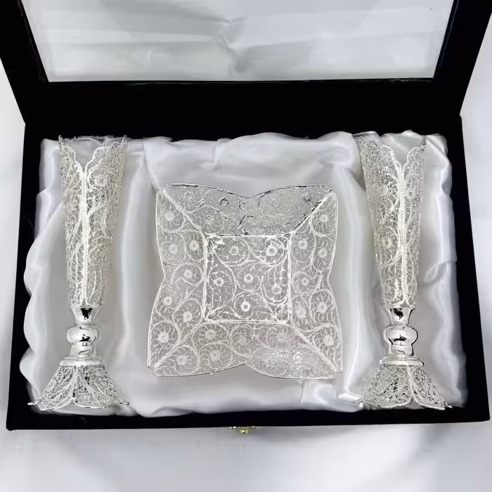 ست هدیه ملیله کاری شیرینی خوری پایه کوتاه و گلدان