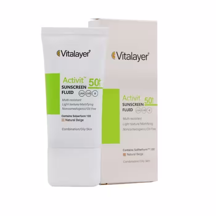 فلوئید ضدآفتاب  SPF50 پوست چرب اکتی‌ویت بژ طبیعی ویتالیر 50 میلی‌لیتر Vitalayer