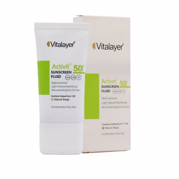 فلوئید ضدآفتاب  SPF50 پوست چرب اکتی‌ویت بژ طبیعی ویتالیر 50 میلی‌لیتر Vitalayer