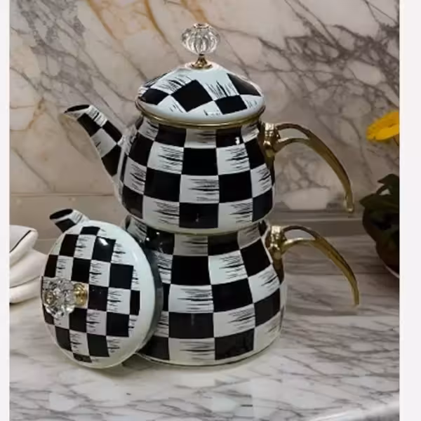 ست کتری و قوری لعابی برند شاهین محصول ترکیه شطرنجی مشکی