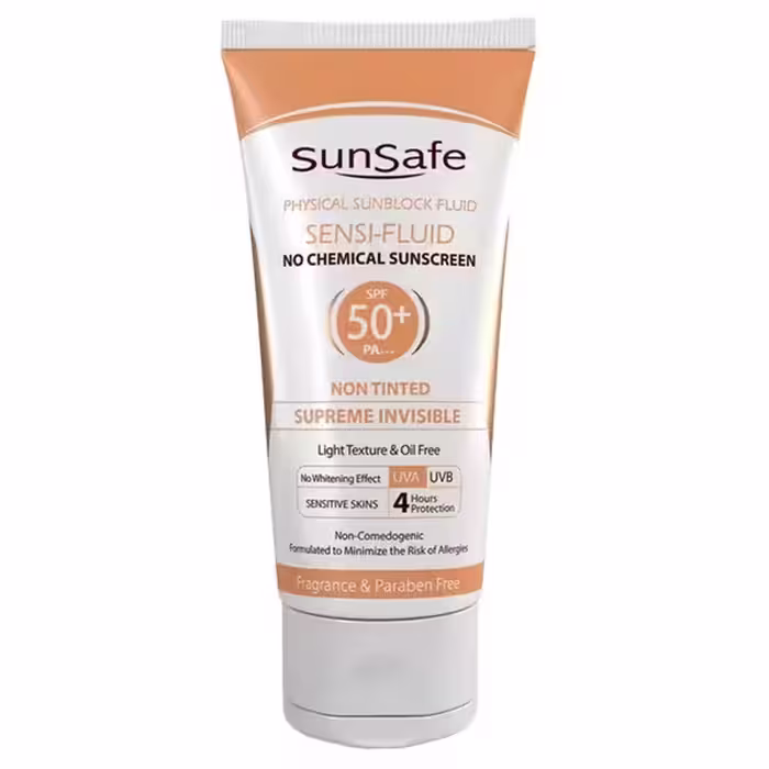 فلوئید ضدآفتاب فیزیکال بی رنگ پوست حساس و مستعد قرمزی 50 Spf سان سیف 50 گرم SunSafe