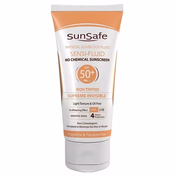 فلوئید ضدآفتاب فیزیکال بی رنگ پوست حساس و مستعد قرمزی 50 Spf سان سیف 50 گرم SunSafe