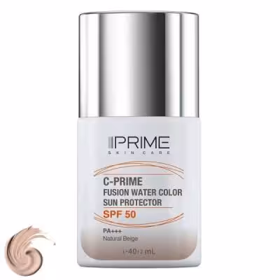 فلوئید ضد آفتاب رنگی پرایم، SPF 50، مدل فیوژن واتر، مناسب انواع پوست با تنالیته متوسط و حجم 40 میلی لیتر، محافظتکننده در برابر اشعههای PA ،UVA ،UVB، دارای فرمولاسیون فاقد چربی، ویتامین سی و آنتی اکسیدان، با ماندگاری 4 ساعته