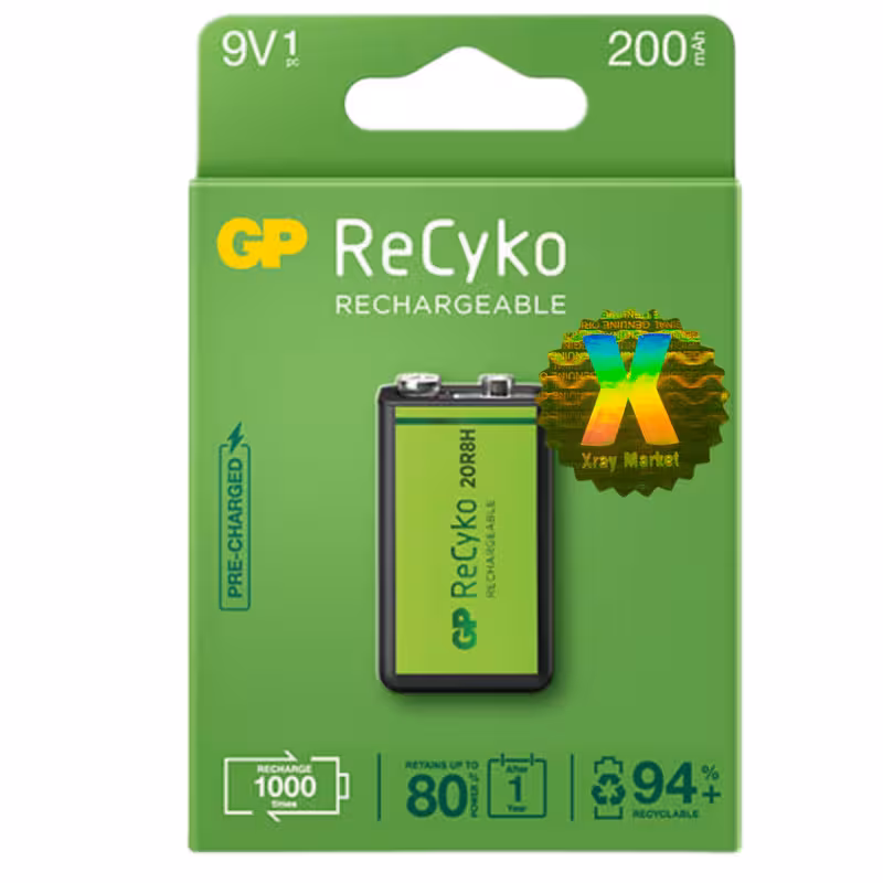 باتری کتابی جی پی مدل Rechargeable Recyko 200mAh 9V XRAY