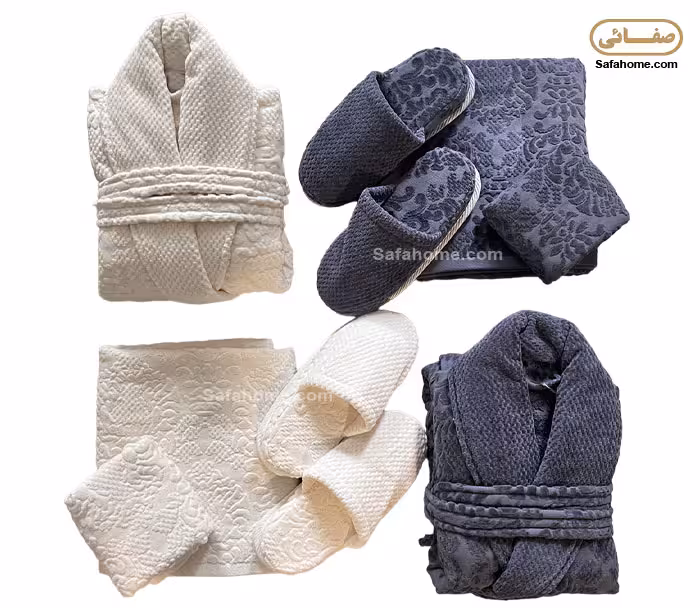 سرویس حوله عروس و داماد مدل اسلیمی طوسی تیره و سفید