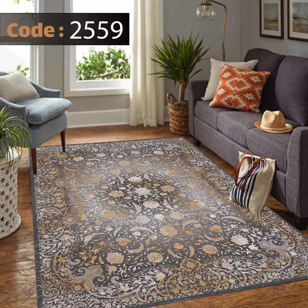 کاورفرش روفرشی دورکشدار گوشه لیفه ای طوسی کرم کد 2559