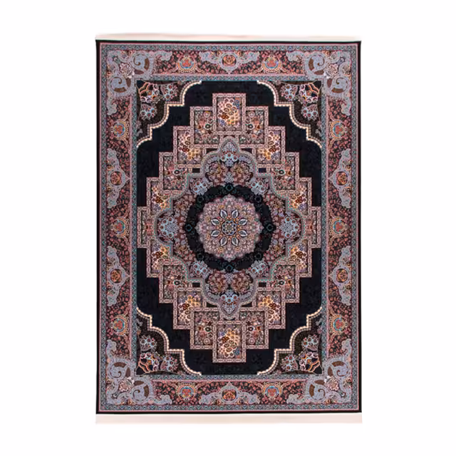 فرش ماشینی دنیای فرش طرح مهرنوش رنگ زمینه سورمه ای