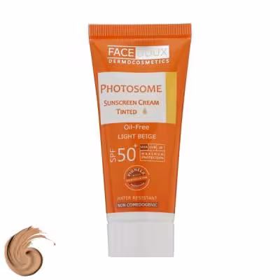کرم ضد آفتاب رنگی فیس دوکس، SPF 50، مدل فتوزوم، مناسب انواع پوست با تنالیته روشن و حجم 40 میلیلیتر، غیر کومدونزا، ضد آب، محافظتکننده در برابر اشعههای UVA و UVB، دارای فرمولاسیون فاقد چربی، با ماندگاری 2 ساعته