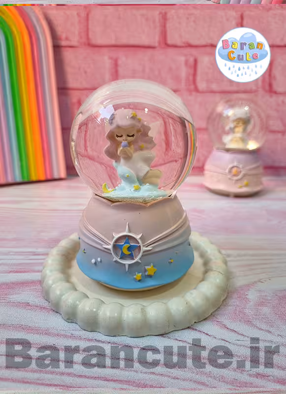 گوی موزیکال برفی چراغ دار (سایز متوسط) طرح فرشته مو صورتی