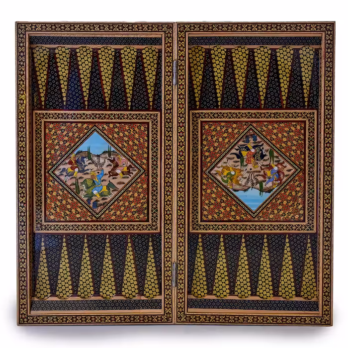 تخته‌نرد و شطرنج خاتم‌کاری مدل ستون‌دار با نقاشی چوگان