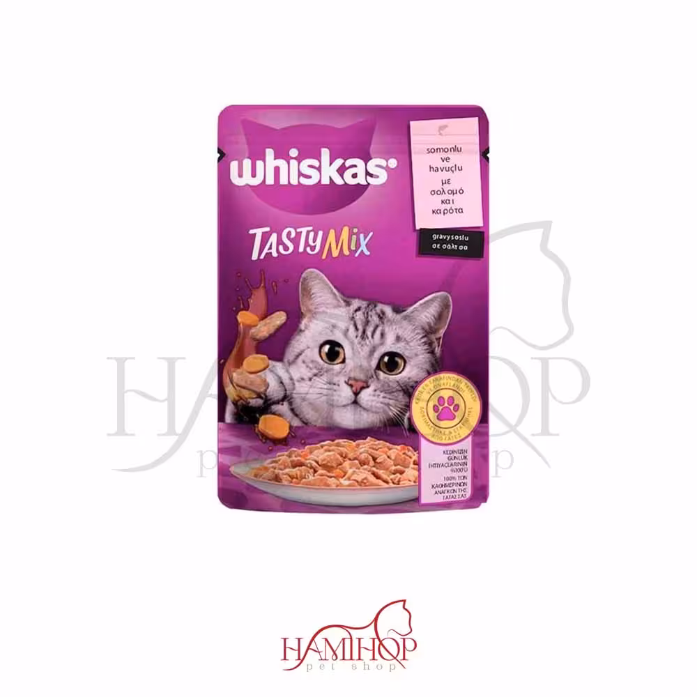 پوچ گربه بالغ طعم ماهی سالمون و هویج در سس برند ویسکاس 85 گرمیAdult cat food, salmon and carrot flavor in sauce, Whiskas brand, 85 grams