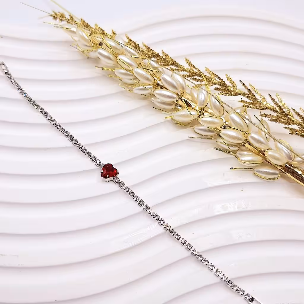 دستبند جواهری قلب قرمز فول نگین استیل