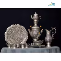 سرویس سماور و چای خوری برنجی 4 لیتری قلمزنی با آبکاری نقره