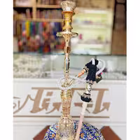 قلیان کامل برنجی شمش دو مرتبه، شیشه تراش طلاکوب طرح ثمین