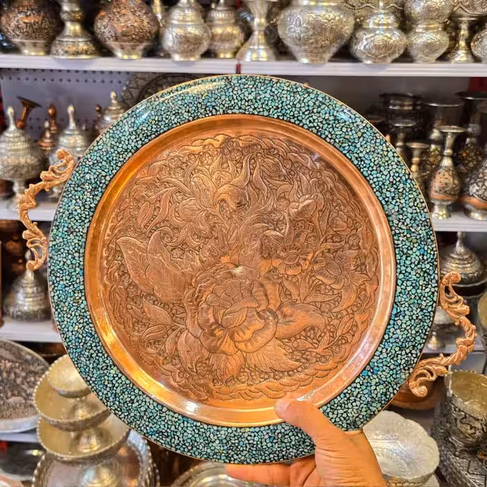 سینی فیروزه کوبی گرد دسته دار طرح نفیس